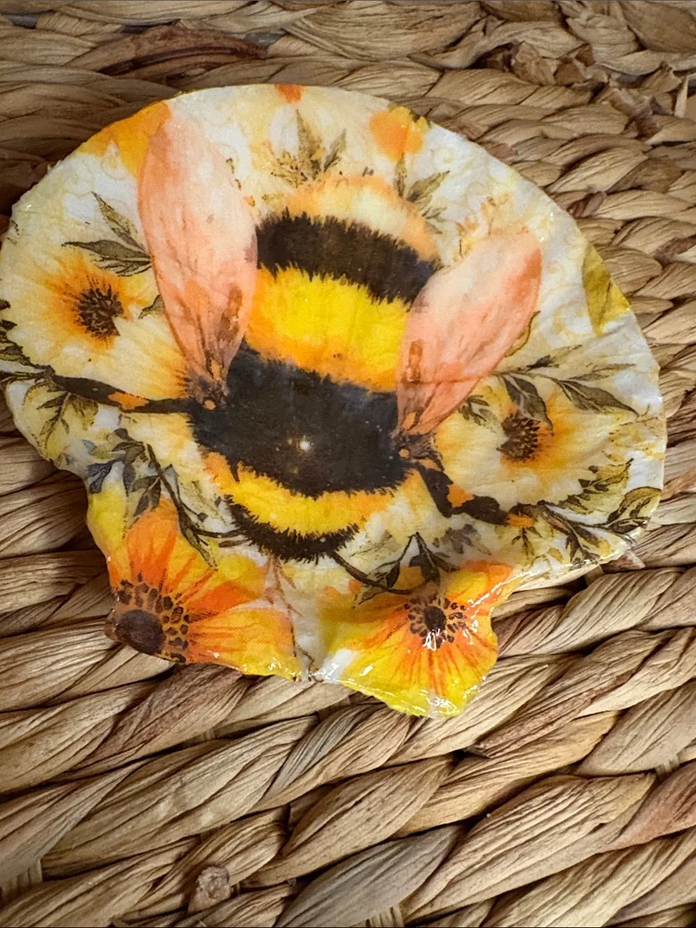 Hand Crafted Yellow & Black Bumblebee Floral Shell Accent Dish